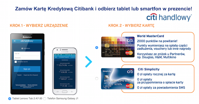 Citibank karta kredytowa tablet lenovo lub smartfon samsung